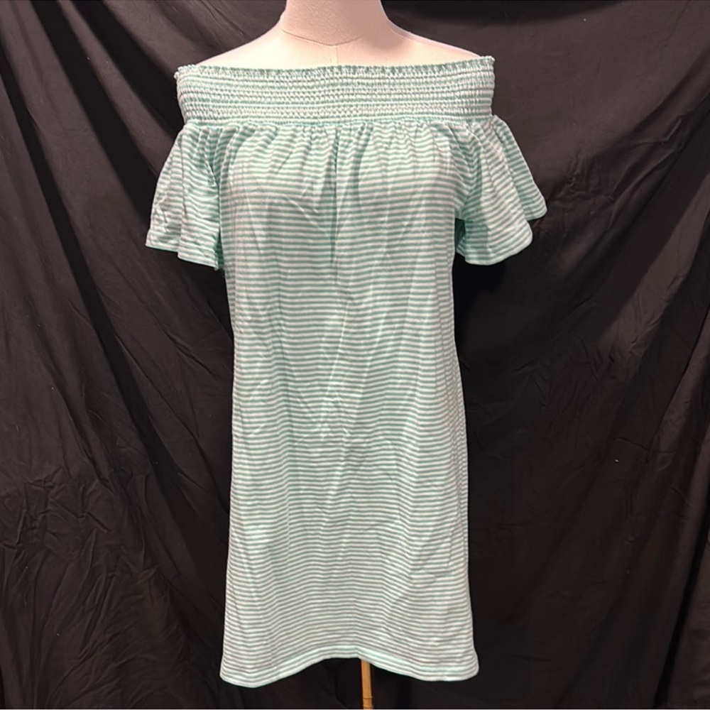 Vineyard Vines Aqua Striped Off-Shoulder Midi Dress
